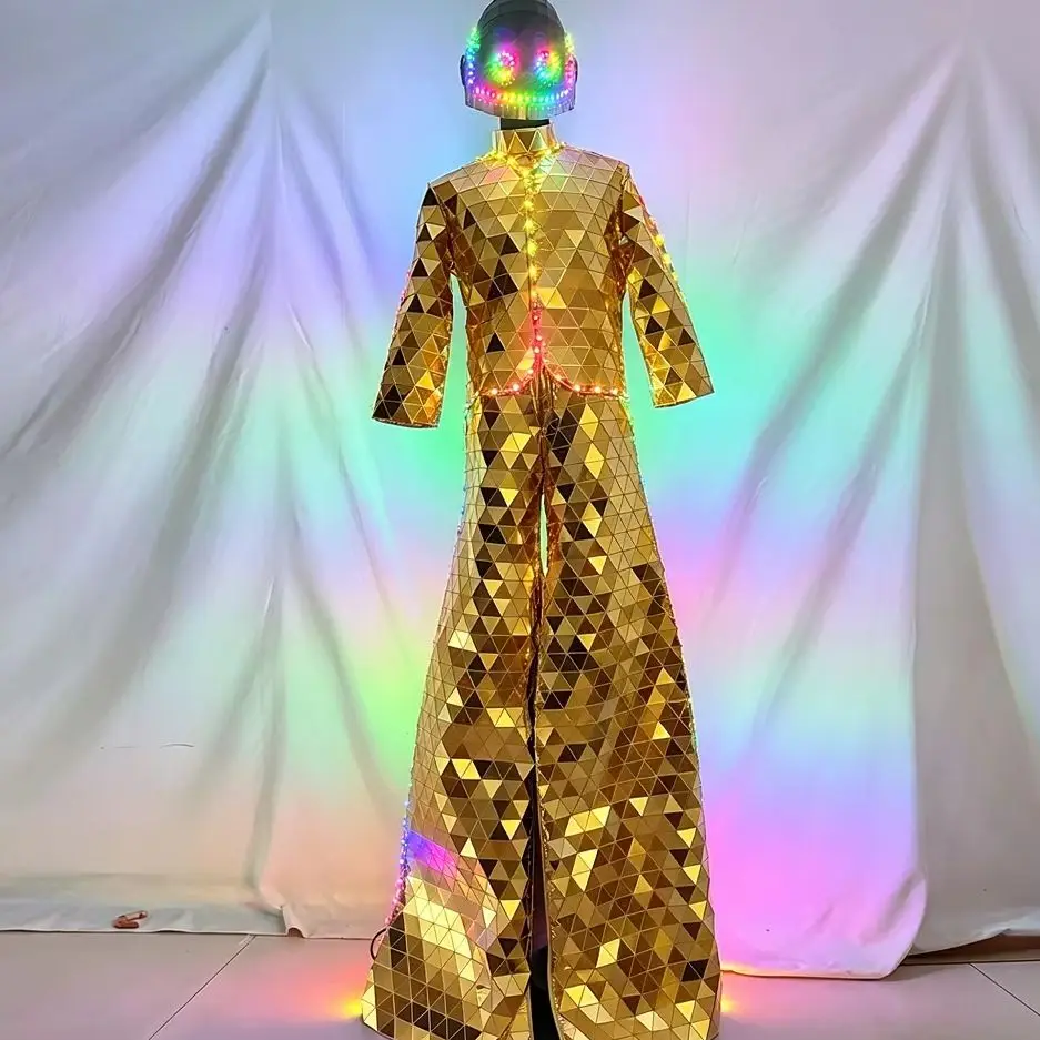LED Light up Robot Stilts Suit Silver Mirror Sequin Fabric Adult Walker Costume for Stage DJ Club Party Fancy Dress Show