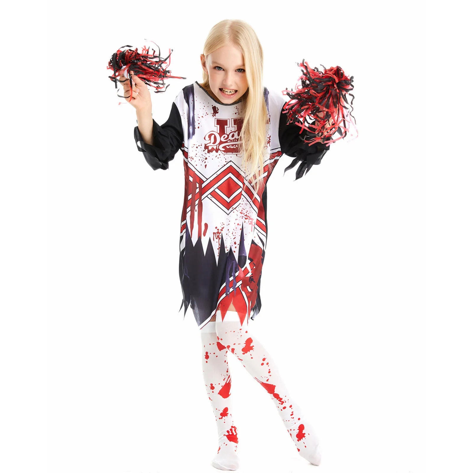 

‌Halloween Cheerleader Costume Scary Blood Stains Outfit Kids Safe Performance Wear Creepy Dance Party Uniform