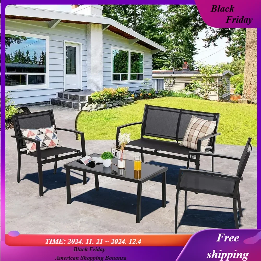 4 Pieces Patio Set All Weather Textile Fabric Outdoor Conversation Set, with Glass Coffee Table, Loveseat, 2 Single Chairs Black