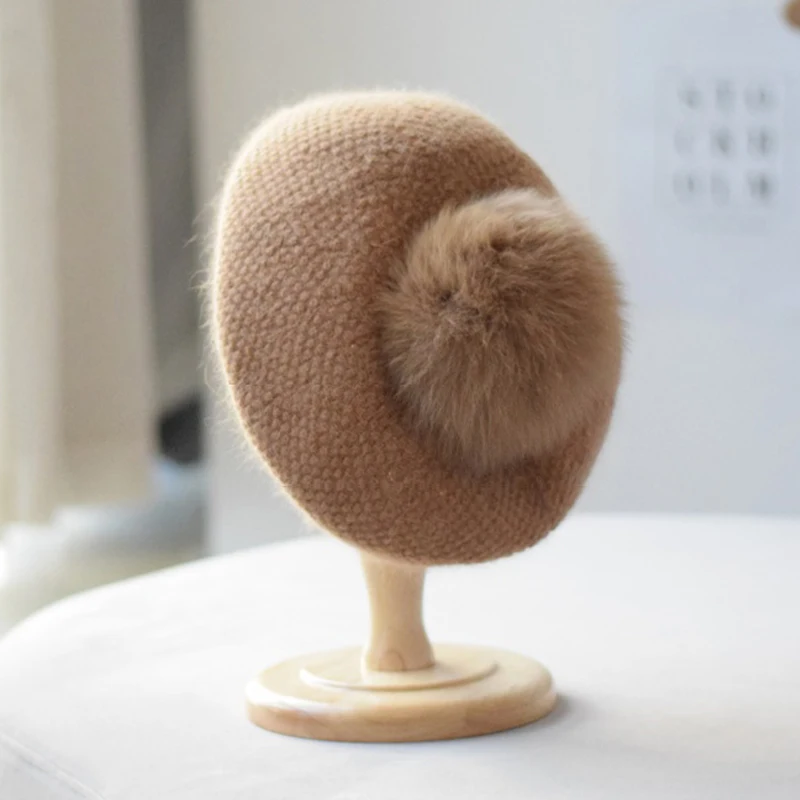 

Women Beret Hat Winter Real Fox Fur Pompom Angora Knit Warm Accessory For Autumn Cold Weather Sport Skiing Outdoor Luxury