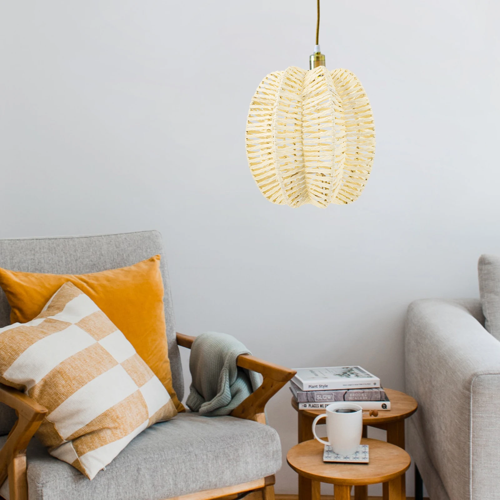

Vintage Lampshade Beige Woven Rattan Style Chandelier Cover Rustic Pendant Shade for Home Hotel Restaurant Use Lightweight