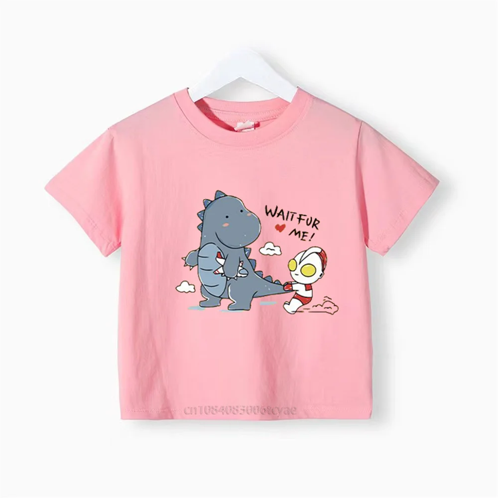 Summer boys cotton printed T-shirt cute baby girl round neck fashion short sleeve children\'s anime Ultraman fight monster top