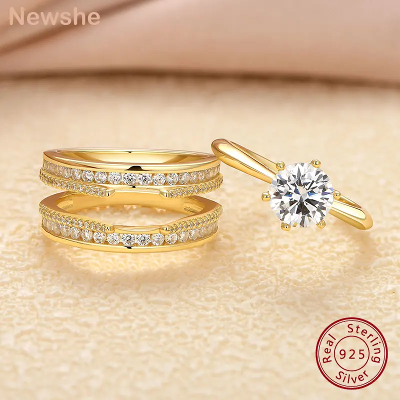 

Newshe 925 Sterling Silver Yellow K Gold Rings for Women Round AAAAA Cubic Zircon Engagement Ring Enhancer Bridal Set Jewelry