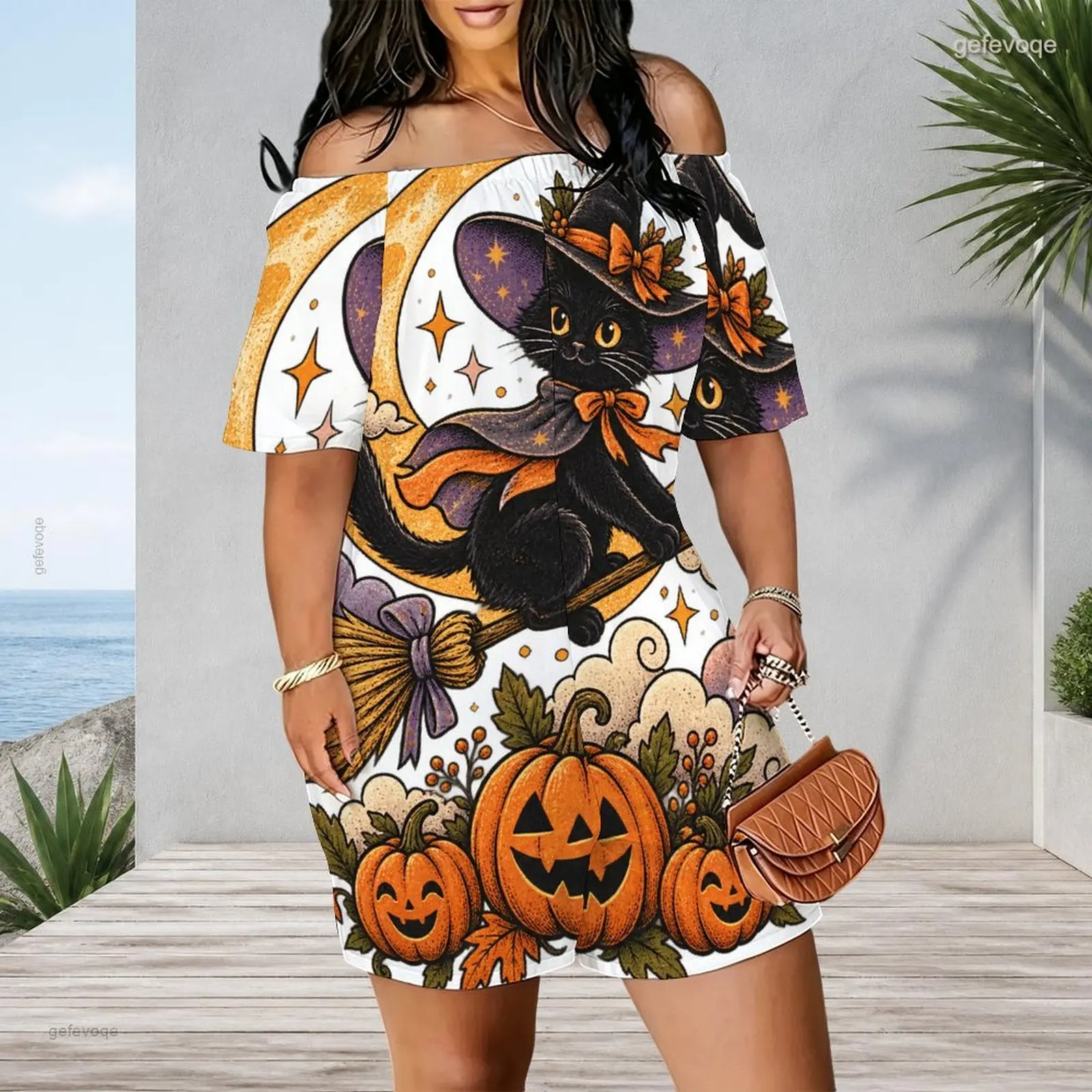 Women Off Shoulder Short Sleeve Loose Fit Side Pockets Printed Romper