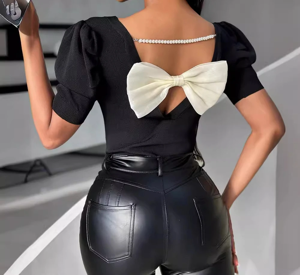 Fashion Top Woman Summer 2024 New Versatile Casual Bow Tie Short Sleeved Back Solid Color Y2k T-shirt for Female Streetwear