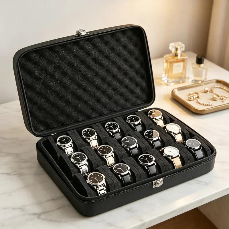 Boîte de rangement pour montres de qualité supérieure à 15 emplacements – Vitrine portable pour bijoux, organisateur de montres et de cartes en cuir PU pour la maison