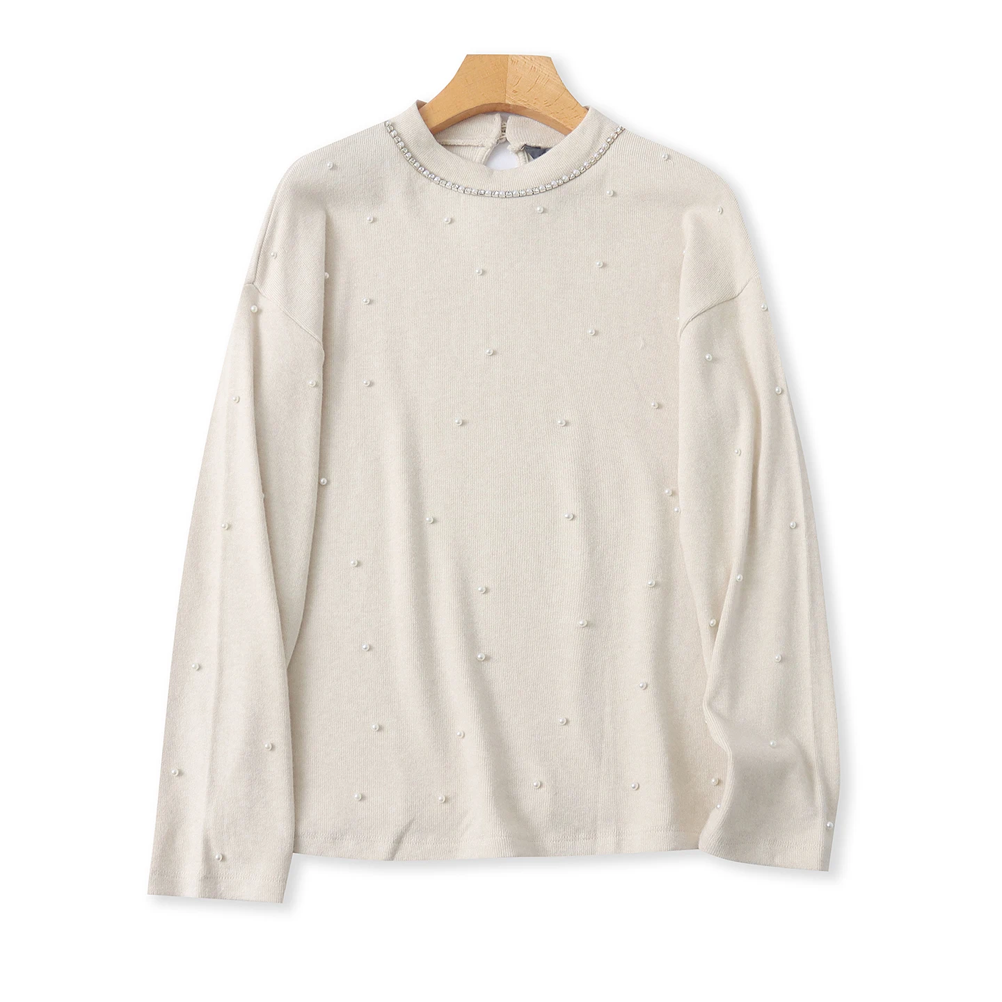 

Autumn Winter Women's Knitted Sweater round Ne Loose Fit Drilled Beaded Dra Slimming Ele Sle Long Sve Top