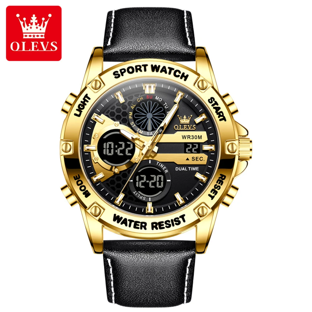OLEVS 1110 New Electronic Men's Watch Multi functional Display Waterproof Luminous Leather Electronic Watch for Men
