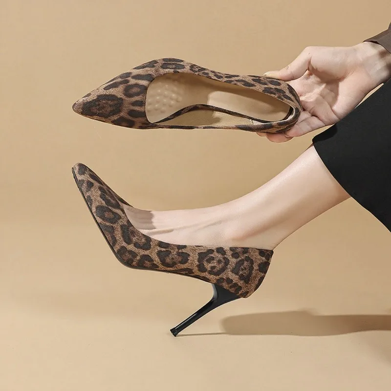 

Женские туфли на высоком каблуке-шпильке с острым носком, весна-осень 2021, маленькая универсальная обувь с леопардовым принтом