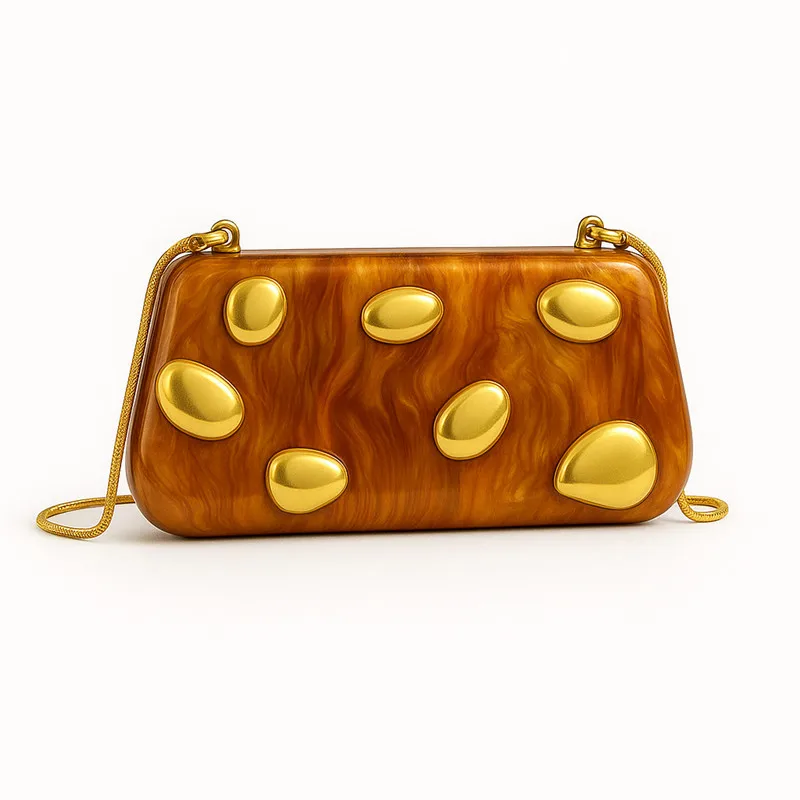 

2025 Famous Brand Acrylic Women's Gold Rivet Wedding Party Evening Clutch Bag Luxury Designer Box Handbag Fashion Crossbody Bag