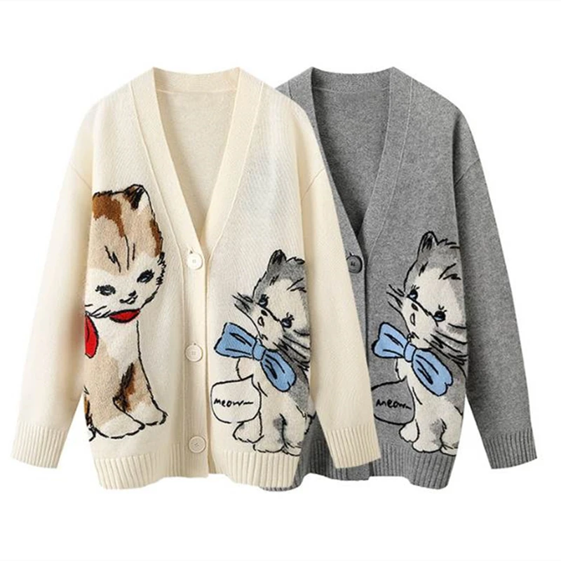 Women Knitted Cardigans Cartoon Cat Pattern Retro Korean Chic Long Sleeve V-neck Sweater Coat Fashion Outerwear Loose Female Top