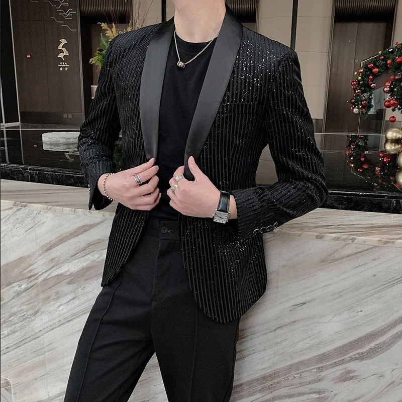 

Spring Men Blazers Striped Casual Suit Jacket Sequins Stage Singer DJ Dress Coat Slim Fit Streetwear Social Costume Homme