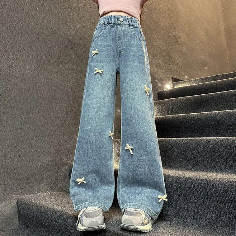 New Spring Autumn Tween Girl Jeans Wide-Leg Straight-Leg Pants with Bow Ankle-Length Children's Apparel Hot Sale