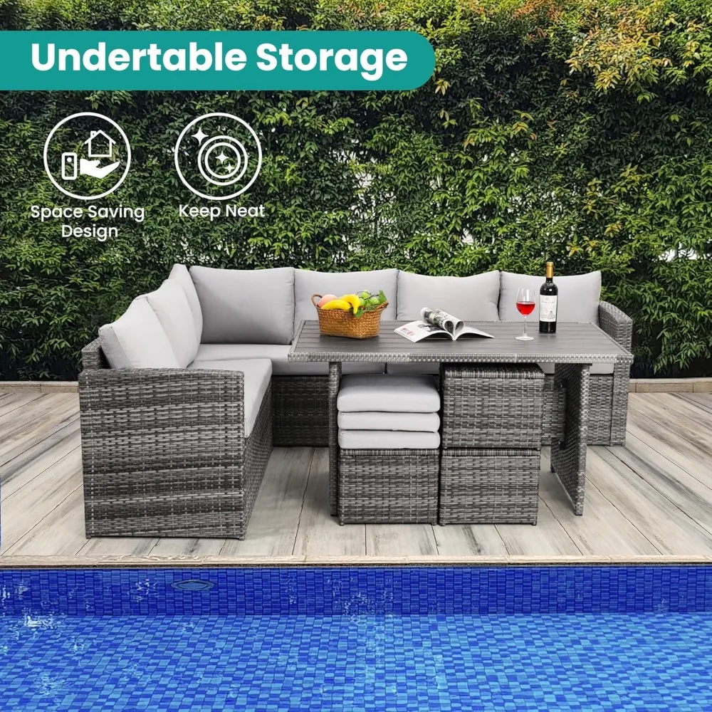 7-Piece Outdoor Patio Furniture Set with Dining Table and Chairs, All-Weather Wicker Conversation Set Including Ottoman