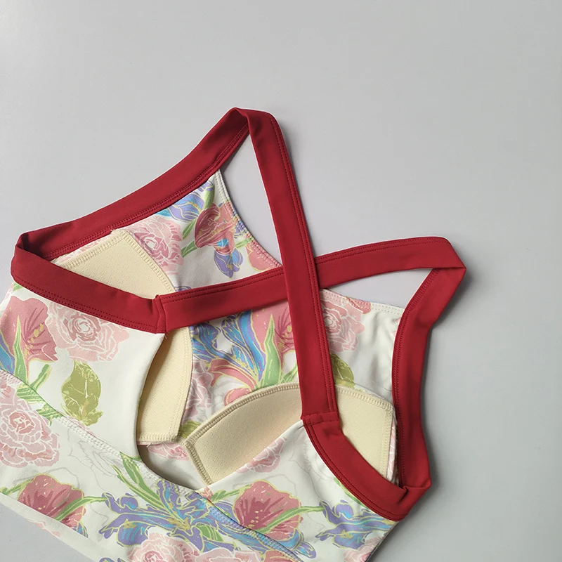 새로운 하이 엔드 요가 란제리 여성 원피스 고정 컵 충격 방지 속옷 수집 섹시한 인쇄 넓은 어깨 스트랩 브래지어