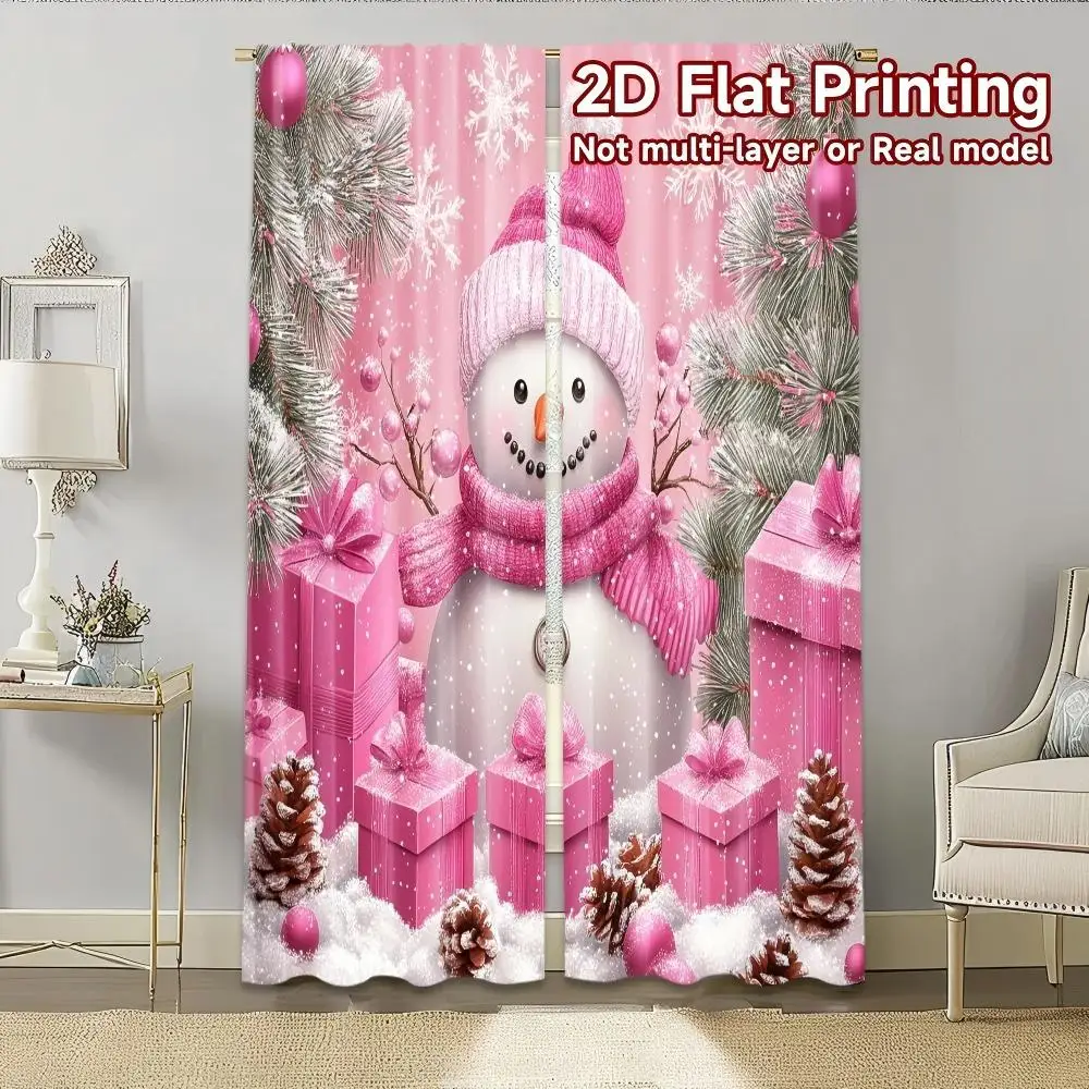 2PCS Pink Snowman Christmas Curtains, Gift Box Pine Cone Print, Cute Winter Holiday Window Drapes for Bedroom Living Room Decor