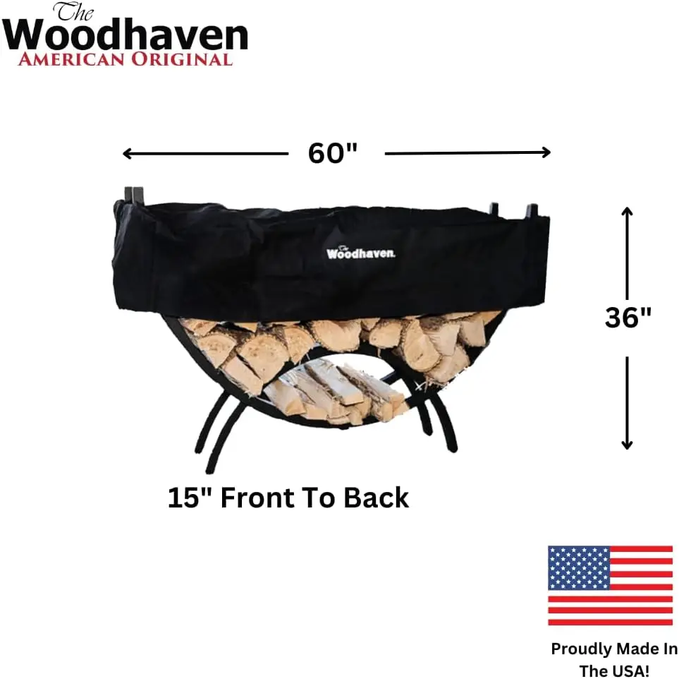 5 Foot Black Crescent Firewood Rack With Cover - Heavy Duty Made In USA - Powder Coated Steel Wood Holder