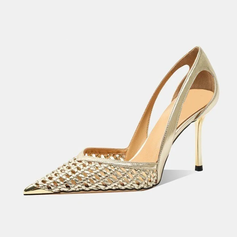 

Fashionable Hollowed Out Woven Fine Heeled Sandals for Women with A High-end Feel, Metal Pointed Straight Strap High Heels