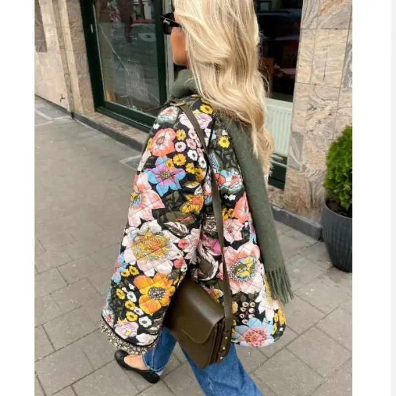 Casual Vintage Flower Printed Winter Coat For Women Thick Warm Long Sleeve Cotton Jacket Elegant Fashion Lady Outwear Coats