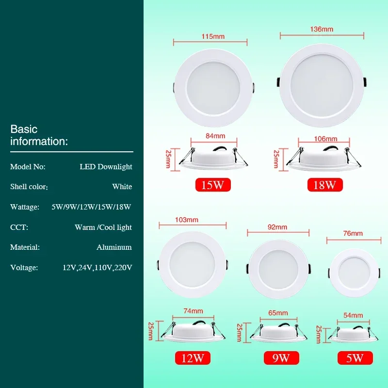 Imagem -02 - Luz de Teto Redonda Led para Quarto Corpo Branco Downlight 5w 9w 12w 15w 18w dc 12v 24v ac 110v 220v Iluminação Interior 10 Pcs Lot