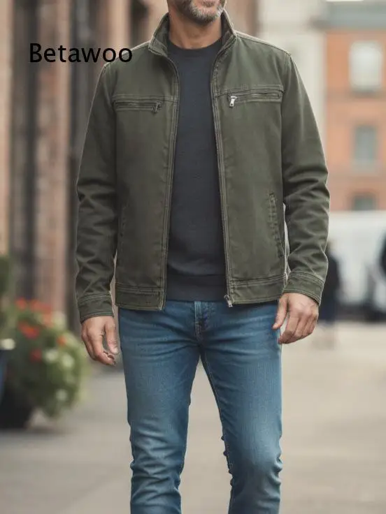 Men Stand Collar Zip Up Biker Jacket Long Sleeve Slim Fit Multi Zipper Pockets Casual Outerwear for Daily Street Wear