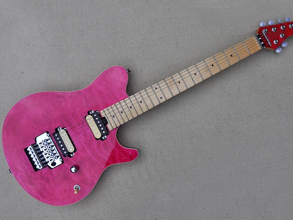 Pink Electric Guitar with Tremolo Bar,Quilted Maple Veneer,Maple Fretboard