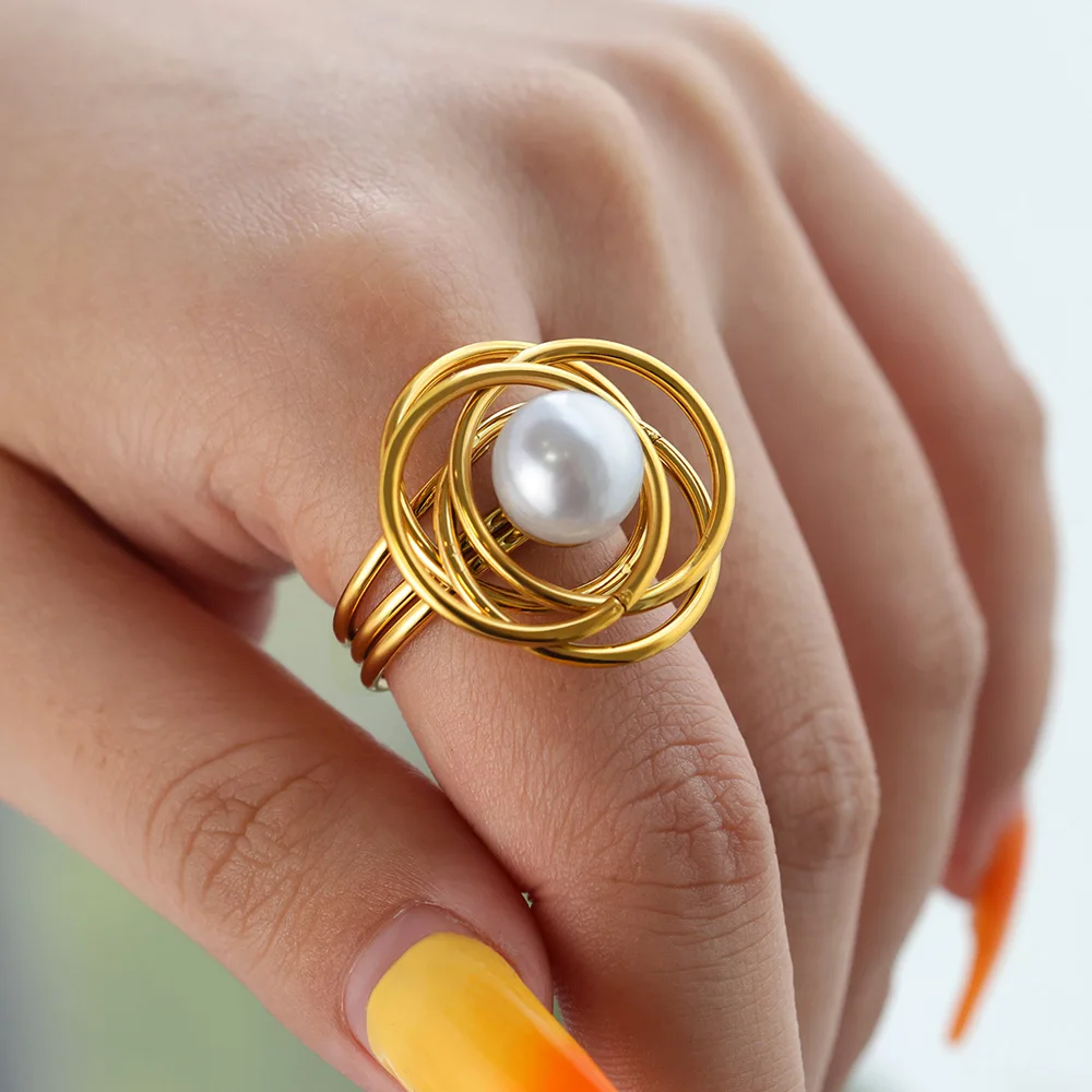 Wrap Pearl Rings for Women Gold Color Stainless Steel Ring 2024 Trend New Geometric Cross Finger Band Couple Aesthetic Jewelry