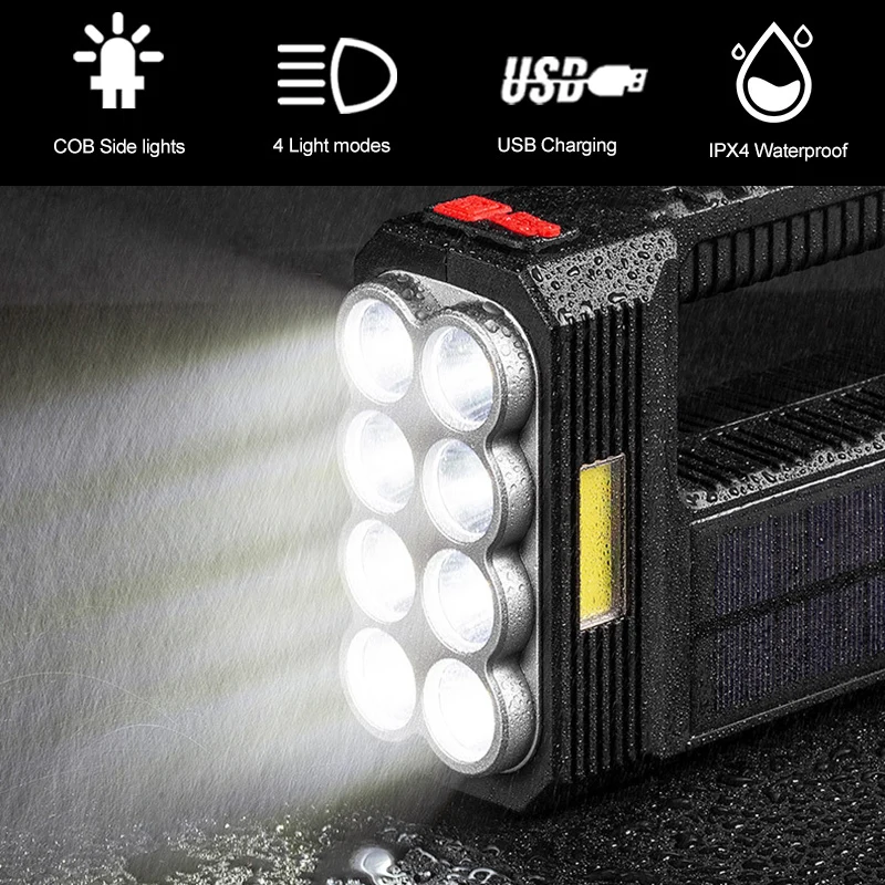 8 Cores LED Solar Rechargeable Flashlights Multifunction LED Torch Portable Waterproof Flashlight Fishing Outdoor Camping Lights