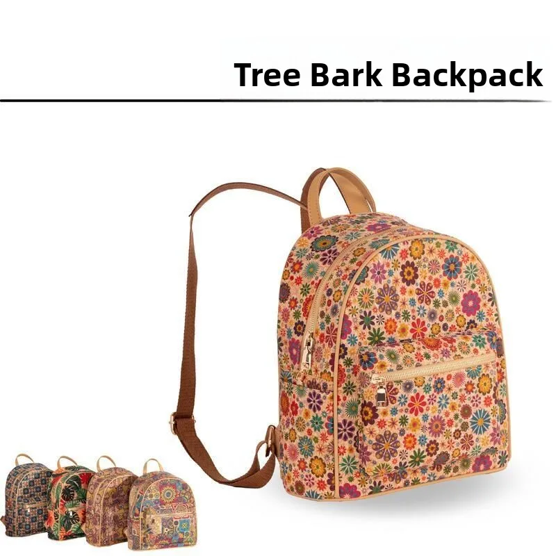 Large Capacity Women's Backpack Cork Treebark Print Retro Ethnic Style Travel Bag Soft Shoulder Bag with Internal Zipper Pocket