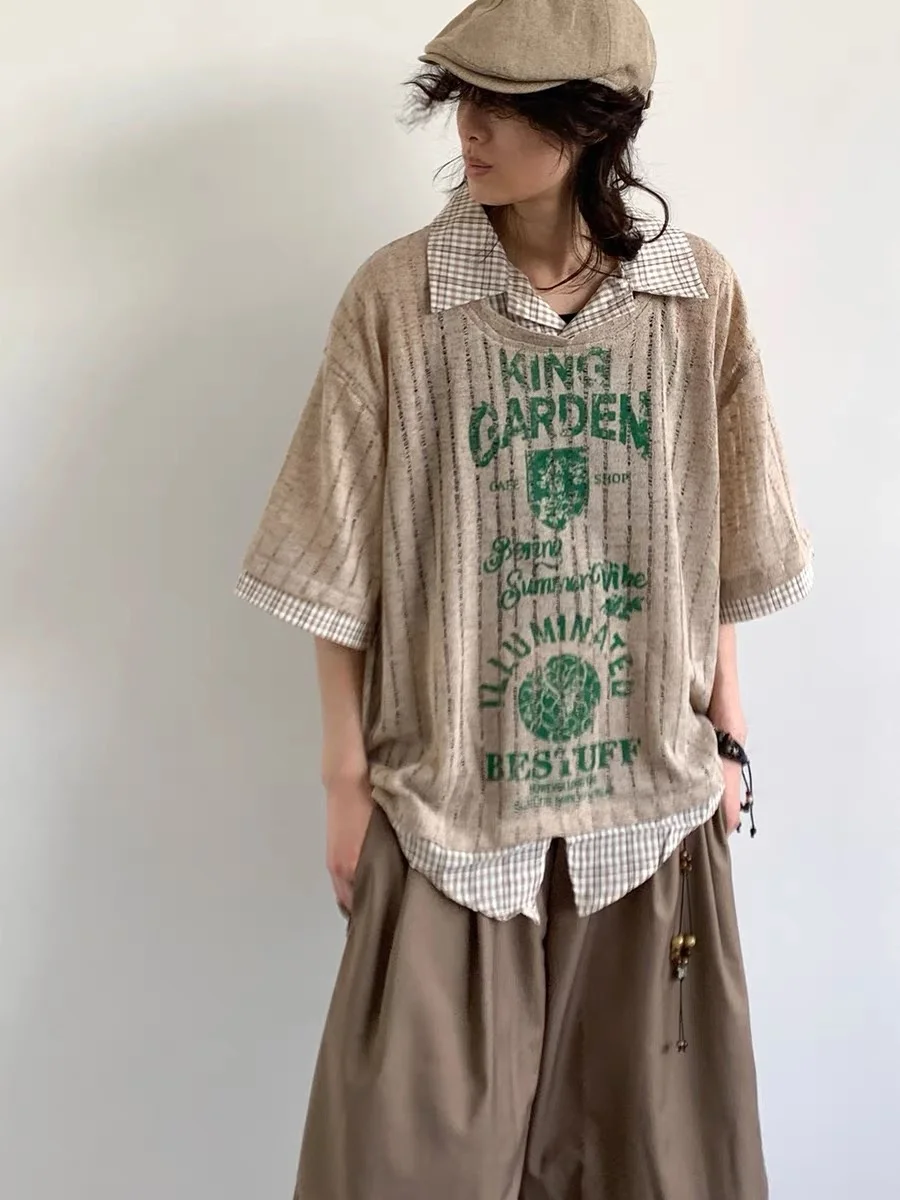 

Summer Casual ort Sve T-irt ex Loose Fit Printed Pattern Splice Collar Polyester Fiber Cool Feeling Thin Model