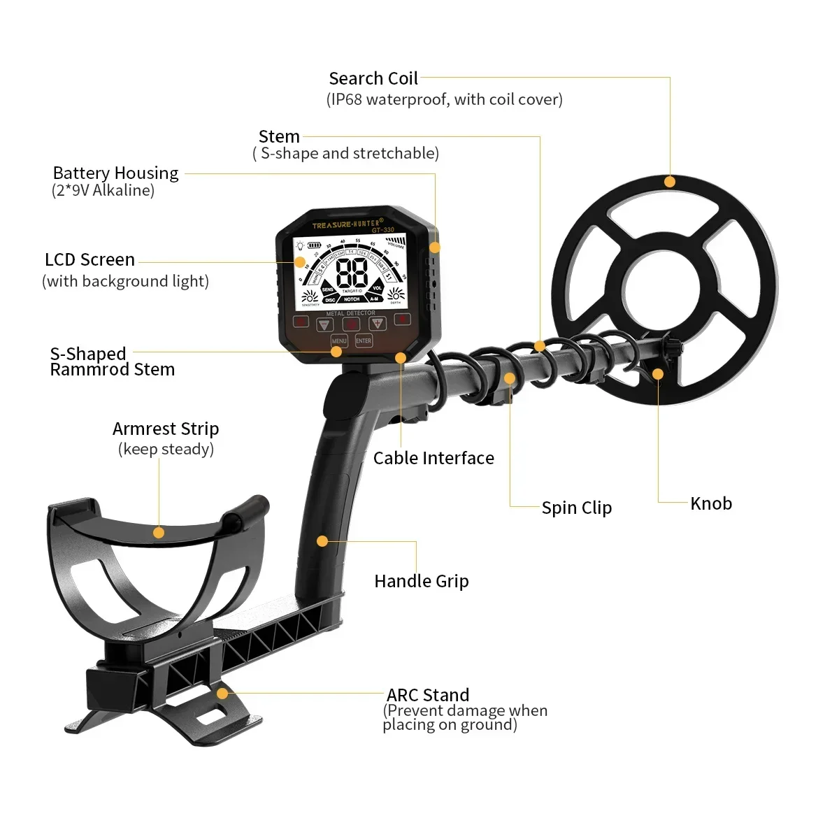 Treasure Hunter professionnel souterrain or GT330 détecteur de métaux Scanner Finder pelle étanche encoche 10 "bobine Pinpointer