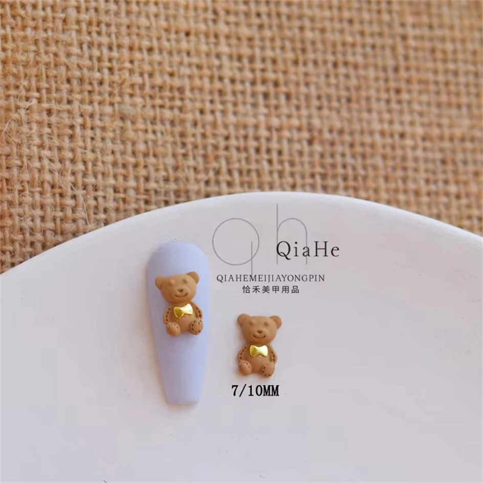 5pcs Bow tie Teddy Bear Nail Charms Accessories Kawaii 3D Matte Metal Alloy Coffee Color Bow Ribbon Jewelry Nail Art Decoration