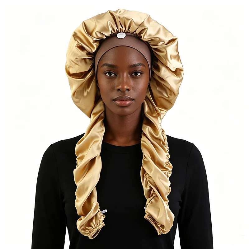 New Women's Bonnet Satin Sleeping Cap Long Tail Braid Hair Night Sleep Cap Head Cover Bonnets Shower Cap For Sauna Bathing