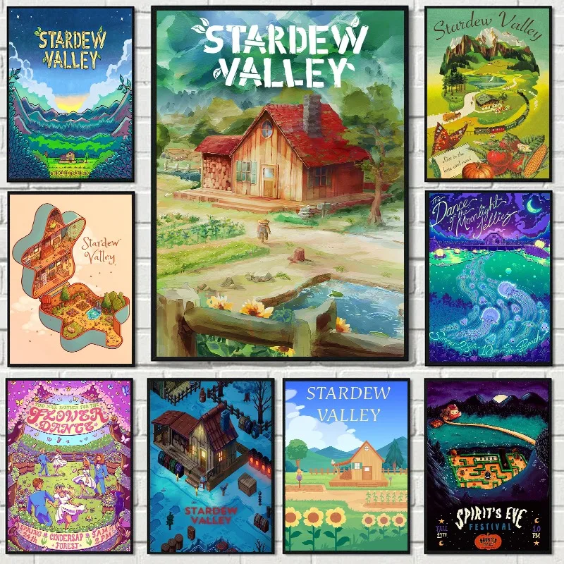 Vintage Classic Video Game Stardew Valley Poster Pelican Town Canvas Painting Wall Art for Living Room Home Decoration Gift Game