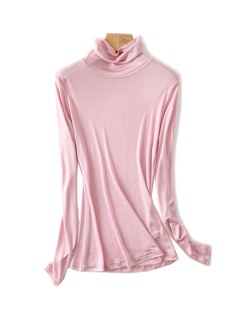 SuyaDream Women Turtleneck Long Sleeved Solid Pullovers Knitted Natural Silk Chic Bottoming T Shirt 2022 Spring Autumn TOP