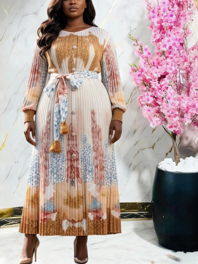 ANLAN Pleated Yelloow Vintage Printed Women's Dress V-Neck Lantern Sleeve Loose-fitting Long Dresses 2026 Summer New 9AN0016
