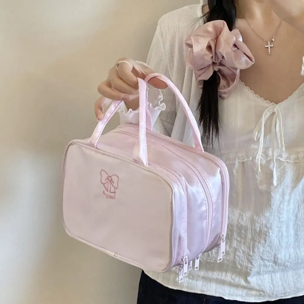 

Toiletry Organizer Large Capacity Bow Makeup Bag Cloth Three-layer Large Cosmetic Bag Waterproof Handbag Travel Bag Women