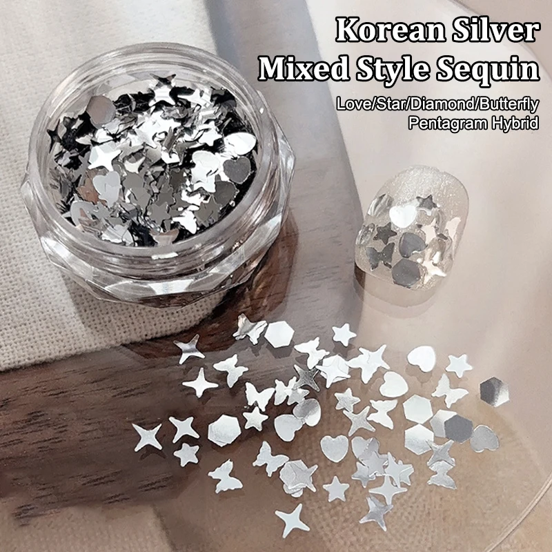 

1Box Jar Shiny Silver Sequins Mix Shapes Starlight Love Butterfly Star Slice Nail Art Stickers Decals Manicure Paillette Charms