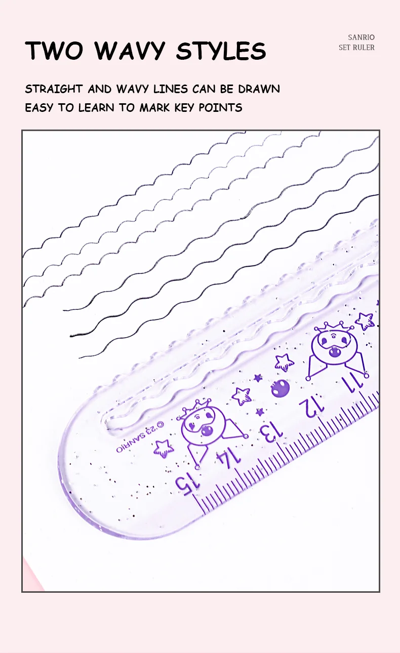 The Sanrio Family Series 15Cm Set Ruler Kuromi Melody Cinnamoroll Pochacco Multifunctional Transparent Scribe Triangle Ruler