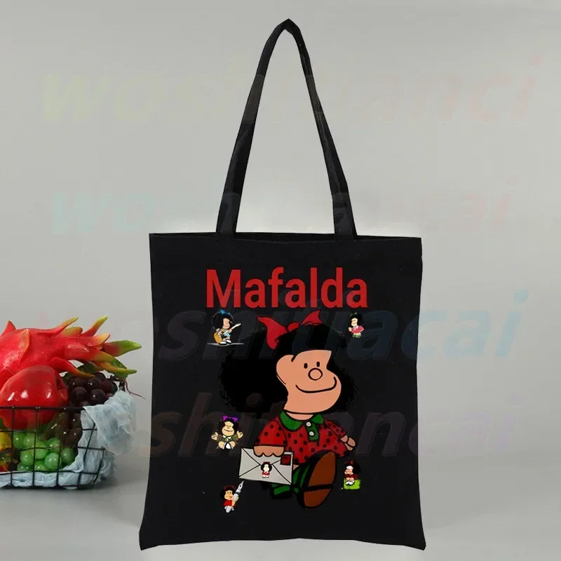 Mafalda-Sac à main en toile réutilisable pour femme, fourre-tout, shopping, voyage, bande dessinée, bande dessinée, noir