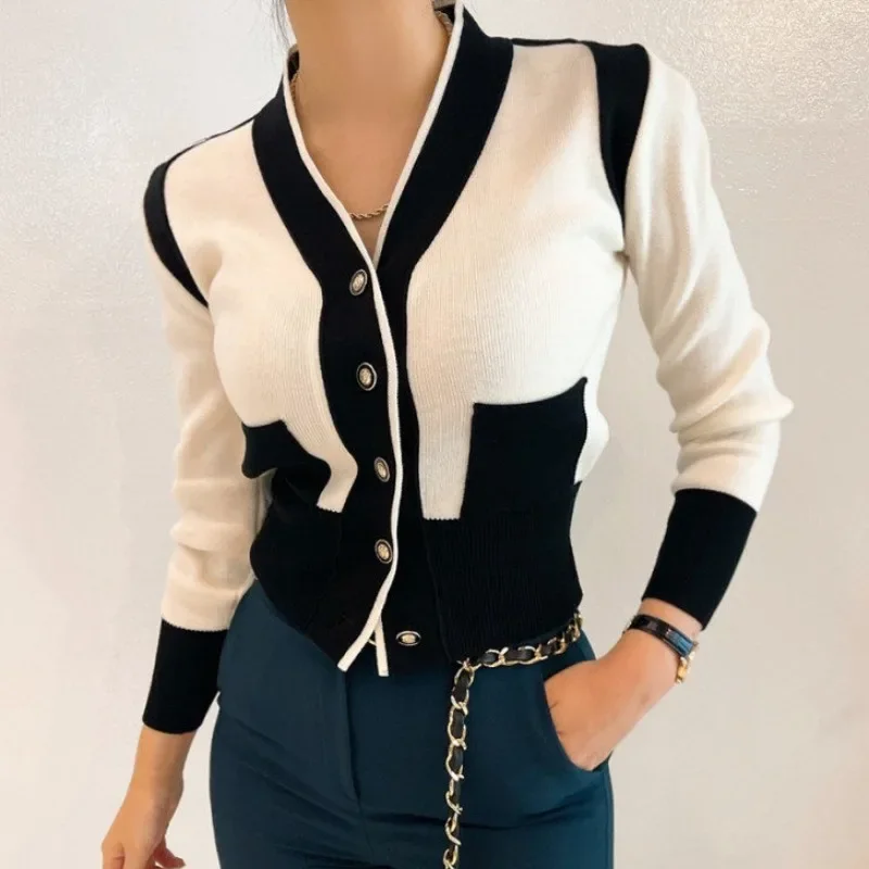 V Neck Contrast Y2k Clothes 2024 Sweaters for Women Pull Sueter Lazy Retro Casual Knitted Cardigan Black Jacket Crop