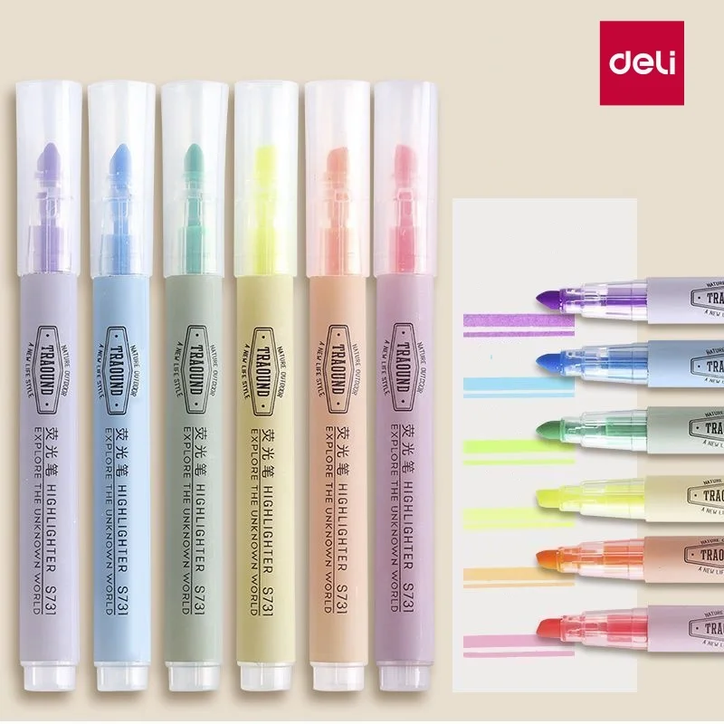 DELI Mini Markeerstift Set 6 STKS Zakformaat Markeerstiften Beitel Tip Markers voor Leerboek Notities Kantoor & Schoolbenodigdheden