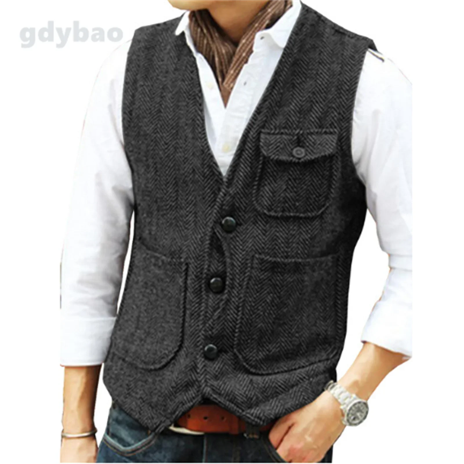 

Men's Vest Burgundy Herringbone Tweed Tailored Collar Double-Breasted Vests Coffee Business Waistcoat for Men ClothingA