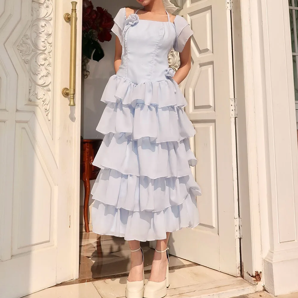 

Customized A-Line Prom Dresses Tea-Length Square Collar Sleeveless Evening Gown Fashion Tiered Draped Flowers Party Gown