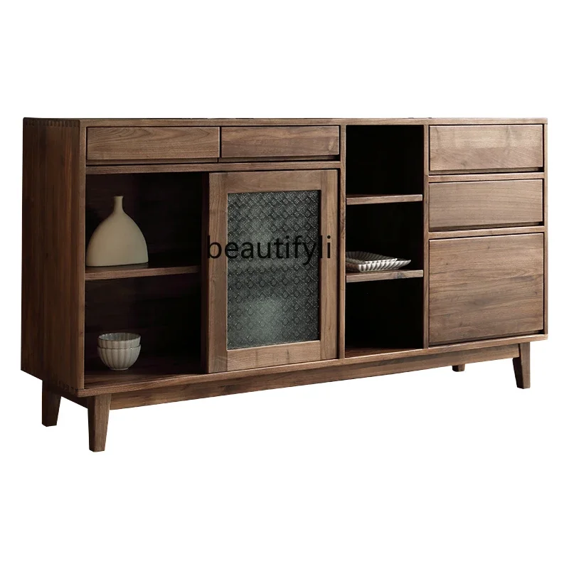 VNordic Solid Wood Sideboard Cabinet Black Walnut Wooden Liquor Cabinet Tea Cabinet Glass Display Locker