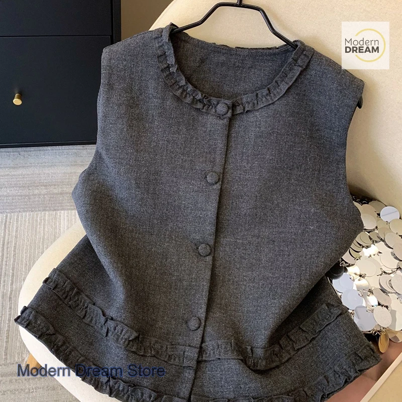 

Korean style fashion grey vest women's spring and autumn new temperament vest design sense advanced coat vest short coat.