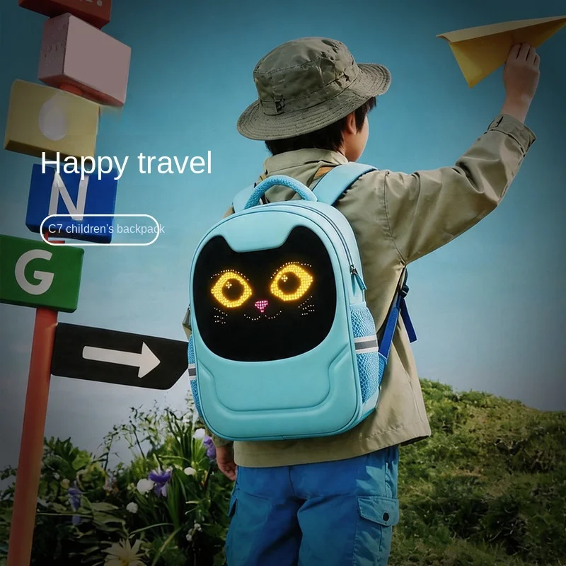 cartoon-style-backpack-shoulder-bag-blue-cat-shape-led-bag-glowing-eyes-fashion-waterproof-reflective-schoolbag