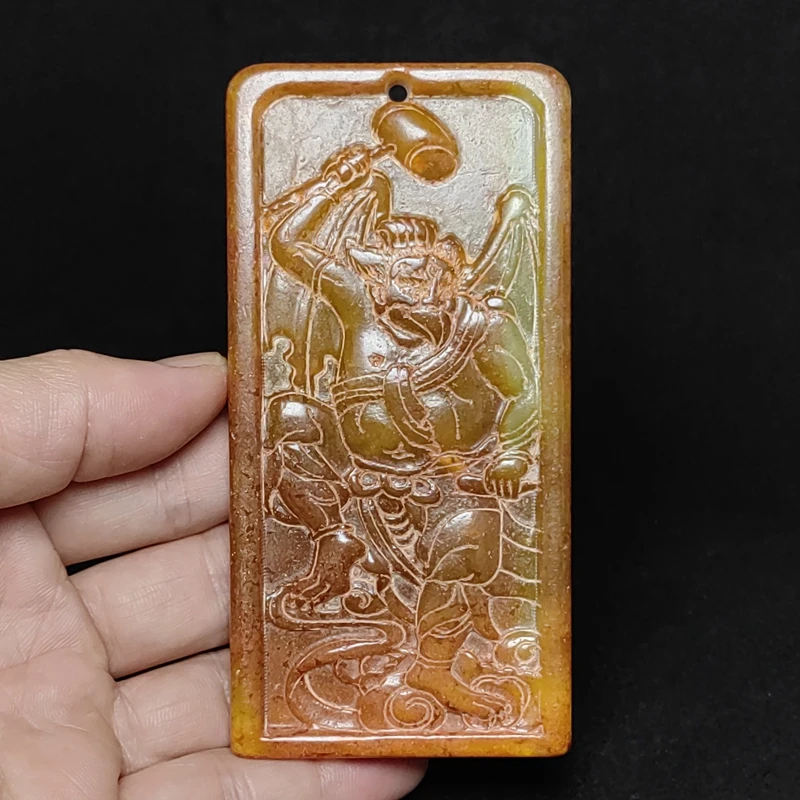 YIZHU CULTUER ART Size 12×6×0.8cm Chinese Hongshan Culture Old Jade carved Thunder God Immortal Statue Pendant