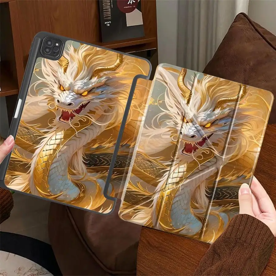 

Чехол-подставка для планшетов iPad Pro 11-го, 10-го, 9-го, 8-го, 7-го поколений, 12.9 дюймов, Mini 6, 7, Pro 2025, Air 4, 5, M3, M2, M4, 11 дюймов, дизайн «Белый Дракон»