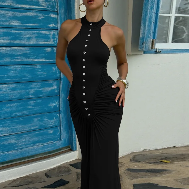 티켓엑스 패션 루치드 슬림 드레스 솔리드 뉴 라운드넥 버튼 슬리브리스 롱 드레스 여성 빈티지 백리스 비치 휴가 드레스